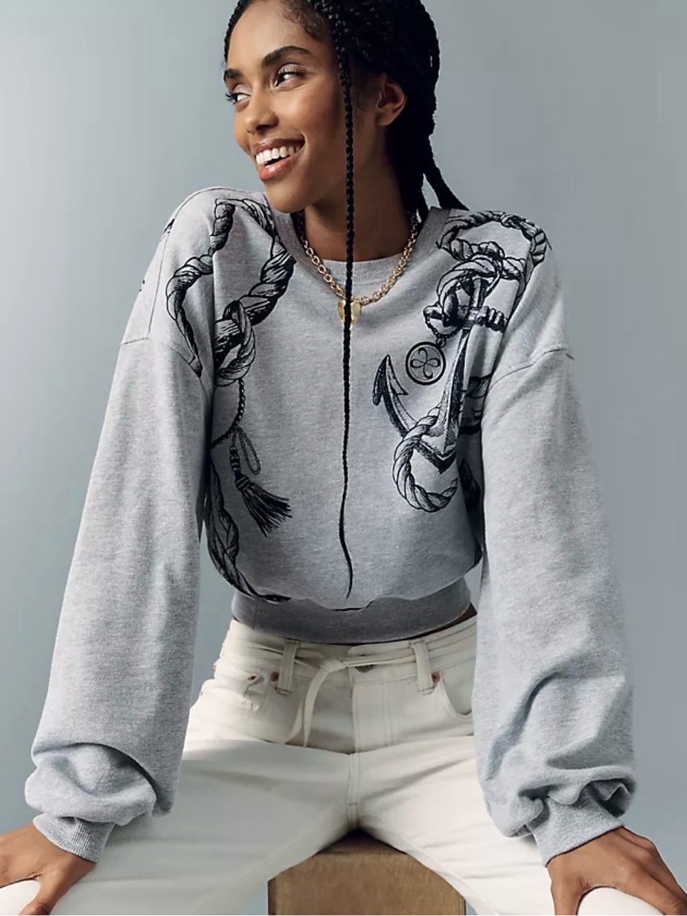 Anthropologie puff sleeve Light Gray Rope & Anchor Cropped Pullover nautical